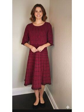 Vintage Taylor Burgundy & Black Plaid Mid-Length XL Dress Frayed Hem & Elbow